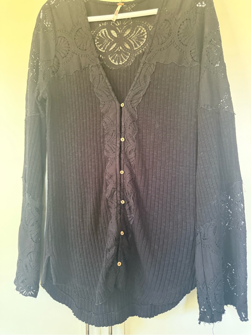 Free People Black Lace-Trim Button-Front Women’s Top